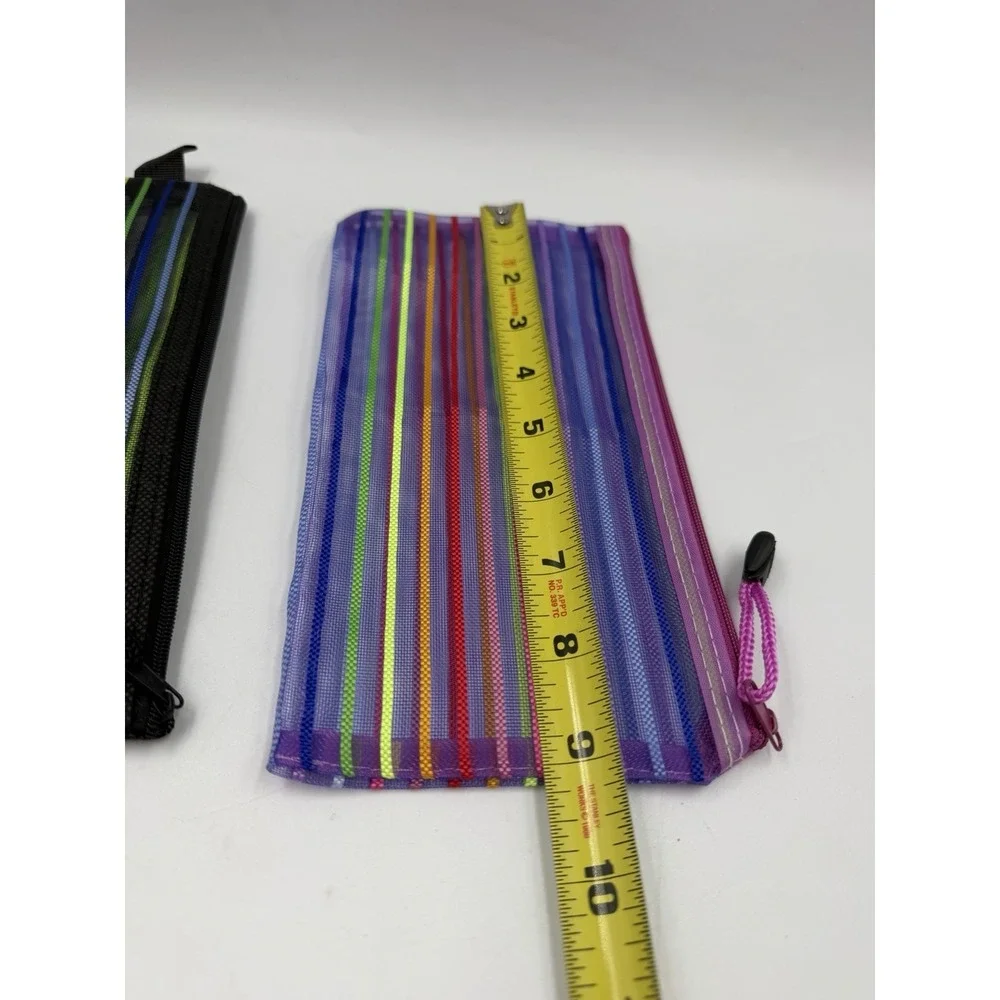 Lot Of 2 Mesh Multi-Color  Striped Pencil Case, Makeup Bags NEW No Tags 9
